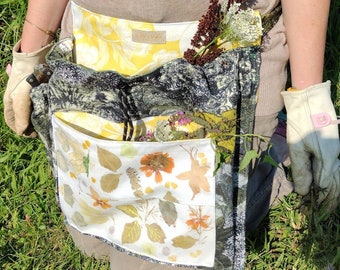 Sturdy Foraging Gathering Harvest Magpie Apron, Impressed Flower Dyed, Yellow