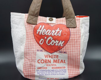 Red & White Tote From Vintage Corn Meal Sack - Hearts ‘O Corn - Number 2