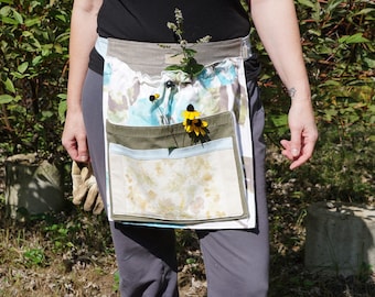 Sturdy Foraging Gathering Harvest Magpie Apron, Impressed Flower Dyed, Blue