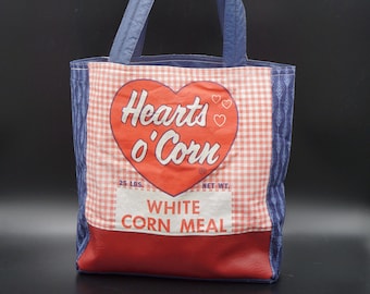 Simple Blue & Red Market Bag From 1950’s “Hearts of Corn” Corn Meal Sack