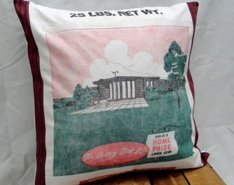 Pillow Cover from Vintage Lawn Seed Bag, Red