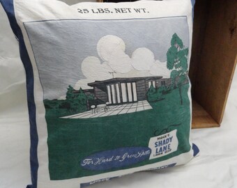 Pillow Cover from Vintage Lawn Seed Bag, Blue