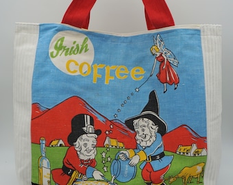 XL Irish Coffee Linen Tea Towel Tote with Fairies