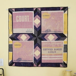 Unique Purple, Yellow & Black Quilted Wall Hanging Featuring Vintage Seed Sacks, OOAK image 1