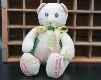 Stuffed Bear Made From Antique Feed Sacks & Quilts (Circa 1920) - Green/Pink