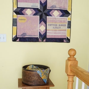 Unique Purple, Yellow & Black Quilted Wall Hanging Featuring Vintage Seed Sacks, OOAK image 10