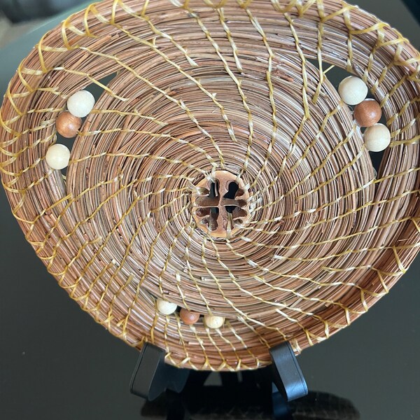 Pine Needle Basket with hickory nut center and wood beads