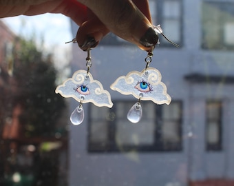 Mystic Crying Clouds – Celestial Cloud Eye Earrings with Raindrop Resin Charms