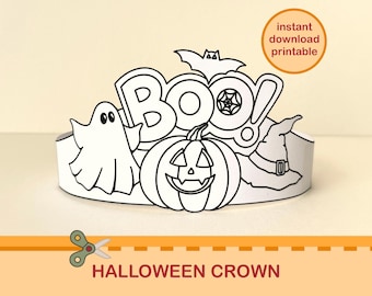 May include: A black and white Halloween crown design with a ghost, pumpkin, bat, and witch hat. The word "BOO!" is featured prominently. The text "instant download printable" is in a circle. The words "HALLOWEEN CROWN" are at the bottom.