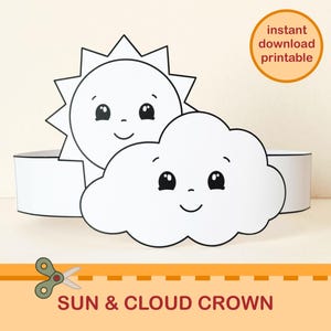May include: A white paper crown featuring a smiling sun and cloud design. The crown is a DIY craft project with the text "SUN & CLOUD CROWN" and "instant download printable".