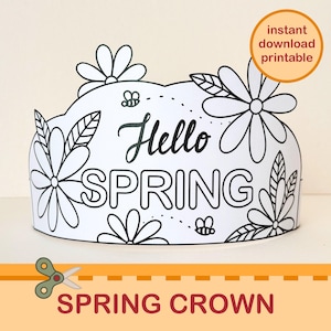 Corona di carta primaverile Ciao primavera Fiori api Colorare Stampabile Bambini Artigianato Costume Fai da te Fascia floreale Riempitivo per sacchetti da festa Download immediato