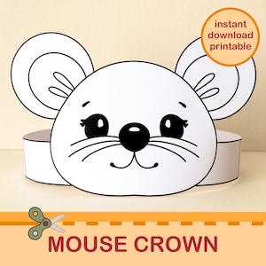 Mouse Paper Crown Cute Animal Colouring Printable Kids Woodland Costume DIY Headband Birthday Art Activity Party Bag Filler Instant Download
