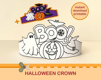 May include: A Halloween-themed printable crown with a ghost, pumpkin, witch hat, and the word "BOO!" in a playful font. The image includes the text "instant download printable" and "HALLOWEEN CROWN".