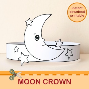 Könnte beinhalten: Eine weiße Papier-Mondkrone mit einem lächelnden Gesicht und Sternen. Auf der Krone steht "MOON CROWN". Eine kleine Schere ist ebenfalls zu sehen.