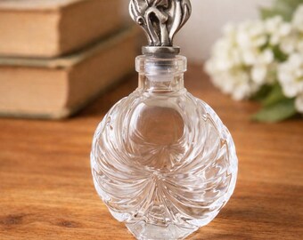 Tiny Vintage Cut Glass Perfume Bottle with Ornate Silver Tone Stopper | Small Vanity Scent Bottle | Art Deco Style Collectible