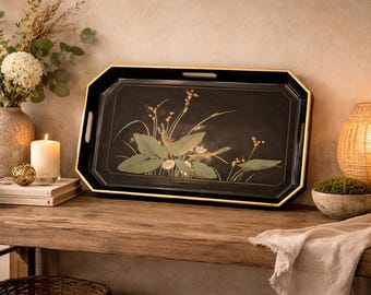 Vintage Otagiri Black Lacquer Tray | Japanese Floral Mid Century Bar Decor