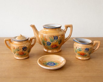 Vintage Miniature Tea Set Made in Japan, Hand Painted Floral Teapot Set, Dollhouse Tea Set, Cottagecore Decor, Lusterware Mini Tea Set