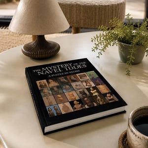 May include: A hardcover book titled The Mystery of the Navel Idols: A Puzzle in Stone with a black cover featuring a grid of twenty-five small square photographs of various stone sculptures displayed on a light-colored surface.