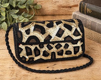 Y2K Vintage Beaded Mini Purse | Black & Gold Sequin Evening Bag | 90s 2000s Wristlet Clutch | Fully Embellished