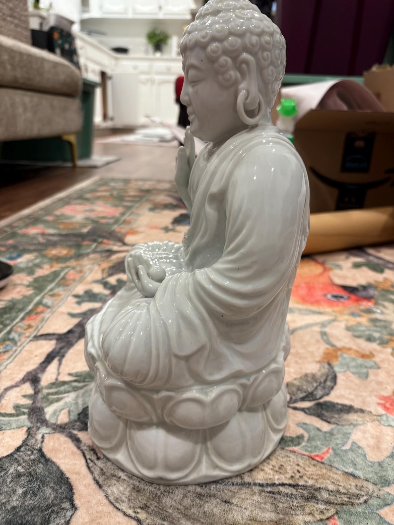 White Ceramic Buddha Statue | Lotus Meditation Decor, 11 Inch image 8