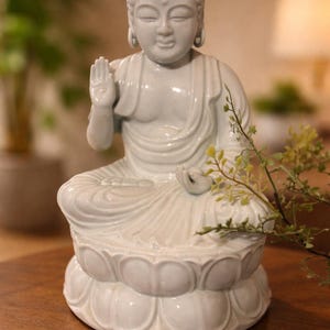 White Ceramic Buddha Statue | Lotus Meditation Decor, 11 Inch image 1