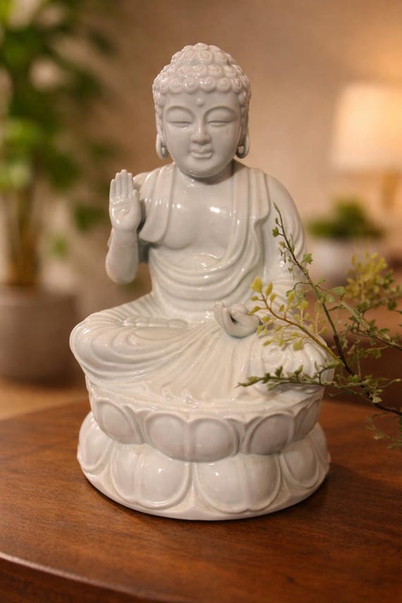 White Ceramic Buddha Statue | Lotus Meditation Decor, 11 Inch