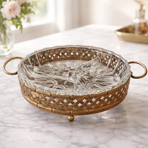Vintage French Pressed Glass Divided Serving Plate, Gold Tone Holder