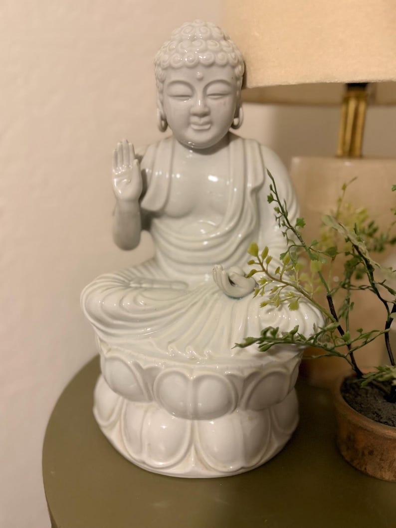 White Ceramic Buddha Statue | Lotus Meditation Decor, 11 Inch image 9