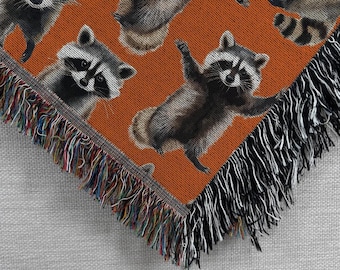 Feral Raccoon Fall Woven Blanket, Cute Cozy Autumn Throw Blanket For Halloween, Cottagecore Fall Vibes Throw, Blanket for Movie Night