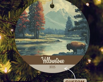 Adorno del Parque Nacional de Yellowstone, mapa navideño del Parque Nacional, regalo para viajeros, recuerdo de senderismo en Montana, regalo para acampar