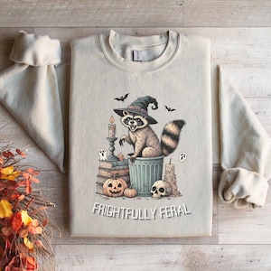 Frightfully Feral Halloween Cute Raccoon Sweatshirt | Cottagecore Fall Sweater, Oversized Raccoon Pullover, Vintage Halloween, Witch Shirt