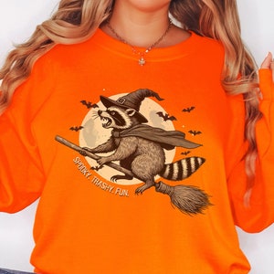Spooky Trashy Fun Halloween Cute Raccoon Sweatshirt | Cottagecore Fall Sweater, Oversized Raccoon Pullover, Vintage Halloween, Witch Shirt