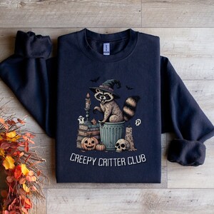 Creepy Critter Club Halloween Cute Raccoon Sweatshirt | Cottagecore Fall Sweater, Oversized Raccoon Pullover, Vintage Halloween, Witch Shirt