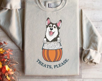 Husky Halloween Sweatshirt | Treats Please, Dog Fall Autumn Halloween Ghost Sweater, Puppy Pullover, Cute Dog Mom, Dog Mama, Dog Dad