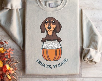 Dackel Halloween Sweatshirt | Leckereien bitte, Hund Herbst Herbst Halloween Geist Pullover, Welpen Pullover, süße Hundemama, Hundemama, Hundepapa