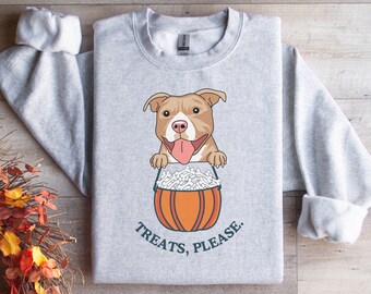 Pit Bull Halloween Sweatshirt | Treats Please, Dog Fall Autumn Halloween Ghost Sweater, Puppy Pullover, Cute Dog Mom, Dog Mama, Dog Dad