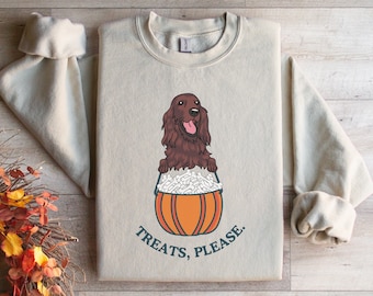 Irish Setter Halloween Sweatshirt | Treats Please, Dog Fall Autumn Halloween Ghost Sweater, Puppy Pullover, Cute Dog Mom, Dog Mama, Dog Dad