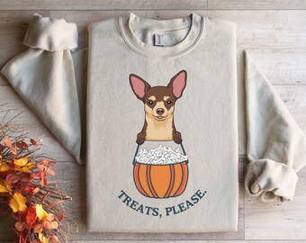 チワワのハロウィン スウェットシャツ | Treats Please、犬の秋ハロウィン ゴースト セーター、子犬のプルオーバー、かわいい犬のママ、犬のママ、犬のパパ