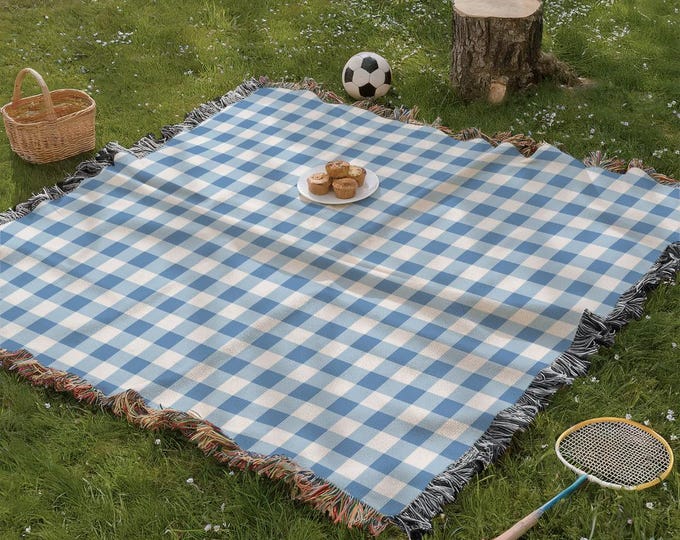 Picnic Blanket, Gingham Blue Large Woven Checkered Blanket for Family Picnics, Cottagecore Fringed Summer Blanket, Outdoor Picnic Mom Gift