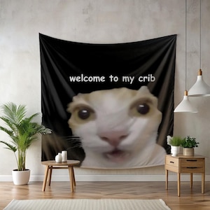 Funny Dorm Tapestry, Welcome to My Crib Cat Meme, Weird College Apartment Wall Art, Unhinged Gen-Z Decor