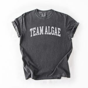 May include: A charcoal gray short-sleeve t-shirt with a crew neckline. The shirt features the text "TEAM ALGAE" printed in a white, arched, collegiate-style font across the chest. The fabric has a washed, vintage-inspired appearance.