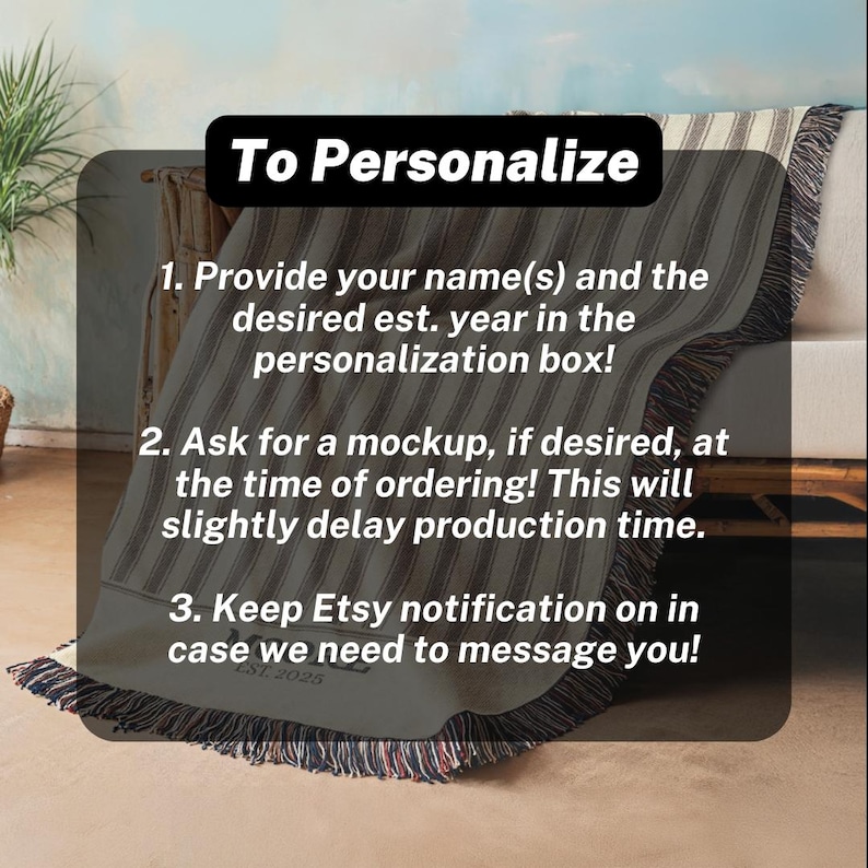 May include: A gray and white striped throw blanket with fringe, draped over a sofa. The blanket has text that reads "To Personalize" and instructions for customization, including providing names and the desired year.
