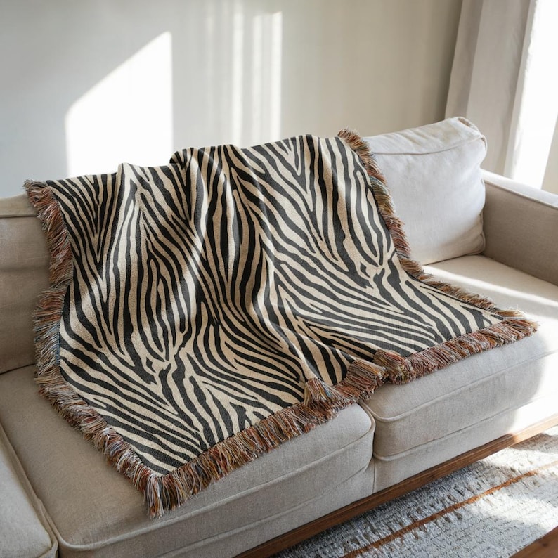 Zebra-Webdecke, Coole Mädchenwohnung, Y2K-Indie-Zimmer, Dopamin-Deko, Boho-Strukturdecke, Safari-Kinderzimmer, Bettwäsche fürs Studentenwohnheim, Kunstpelz Bild 6