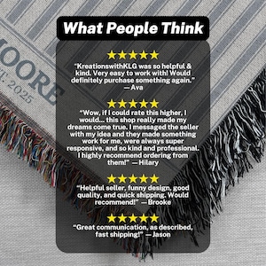 May include: A gray and white striped throw blanket with fringed edges. The blanket has the text "MOORE 2025" in the corner. The image also includes customer reviews with star ratings and quotes about the product.