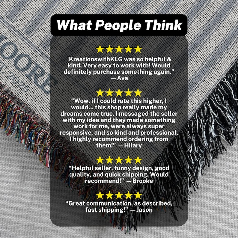 May include: A gray and white striped throw blanket with fringed edges. The blanket has the text "MOORE 2025" in the corner. The image also includes customer reviews with star ratings and quotes about the product.
