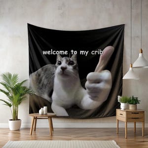 Funny Dorm Tapestry, Welcome to My Crib Cat Meme, Weird College Apartment Wall Art, Unhinged Gen-Z Decor, Thumbs Up Cat