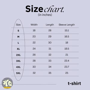 May include: A size chart for a t-shirt, with measurements in inches. The chart includes sizes S through 5XL, detailing width, length, and sleeve length for each size. The text "Size chart" is at the top.