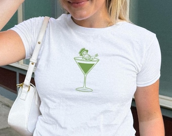 St Patrick&#39;s Day Baby Tee, Martini Leprechaun, Retro Crop Top, St Paddys Day Y2K Baby Tee, St. Patty&#39;s Day Baby Tee, Luck of the Irish