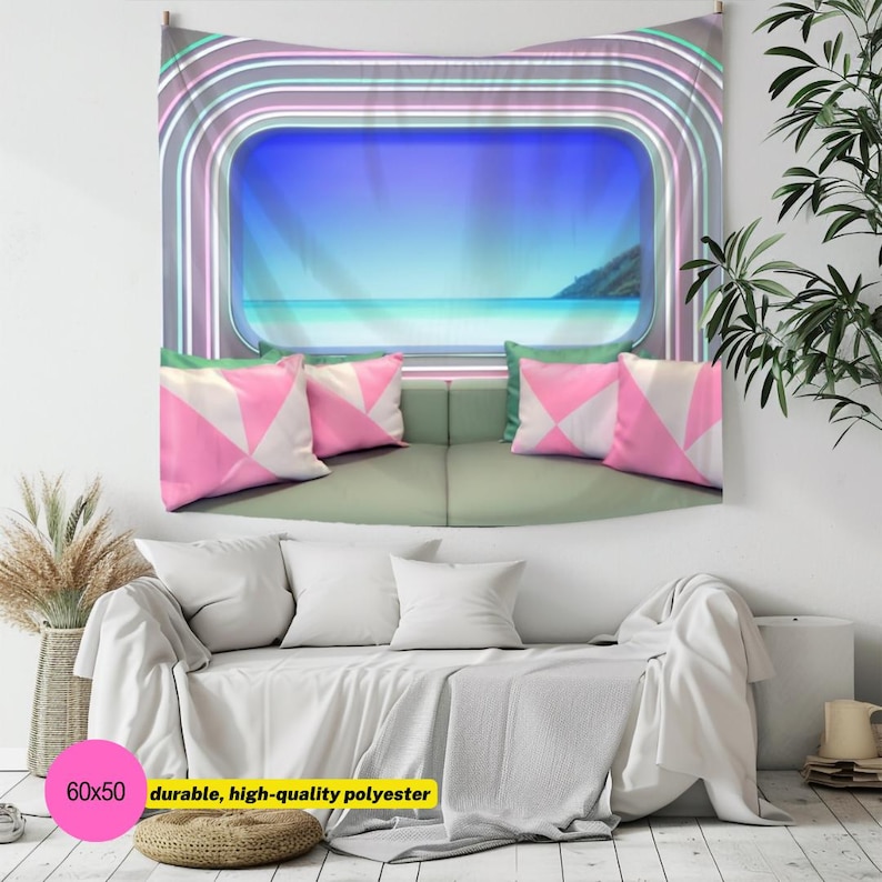May include: A wall tapestry featuring a rectangular window view of a blue ocean and sky, framed by concentric neon-style arches in purple, white, and teal. Below the window, four pink and white geometric pillows rest on a light green sofa.