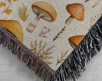 Mushroom Blanket Woven Throw, Whimsigoth Cottagecore Woven Throw, Cute Fungi Fall Home Decor, Witchy Style, Cozy Gift For Girlfriend